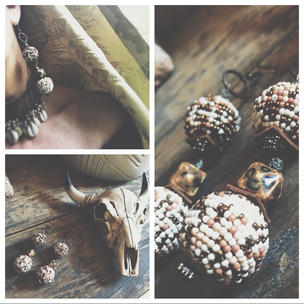 Seed Beaded Spheres,Leather, &Ceramic Swirl Bead